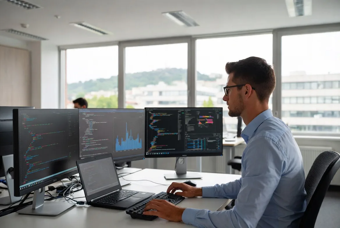 Technicien informatique au travail dans les locaux d'une entreprise lyonnaise