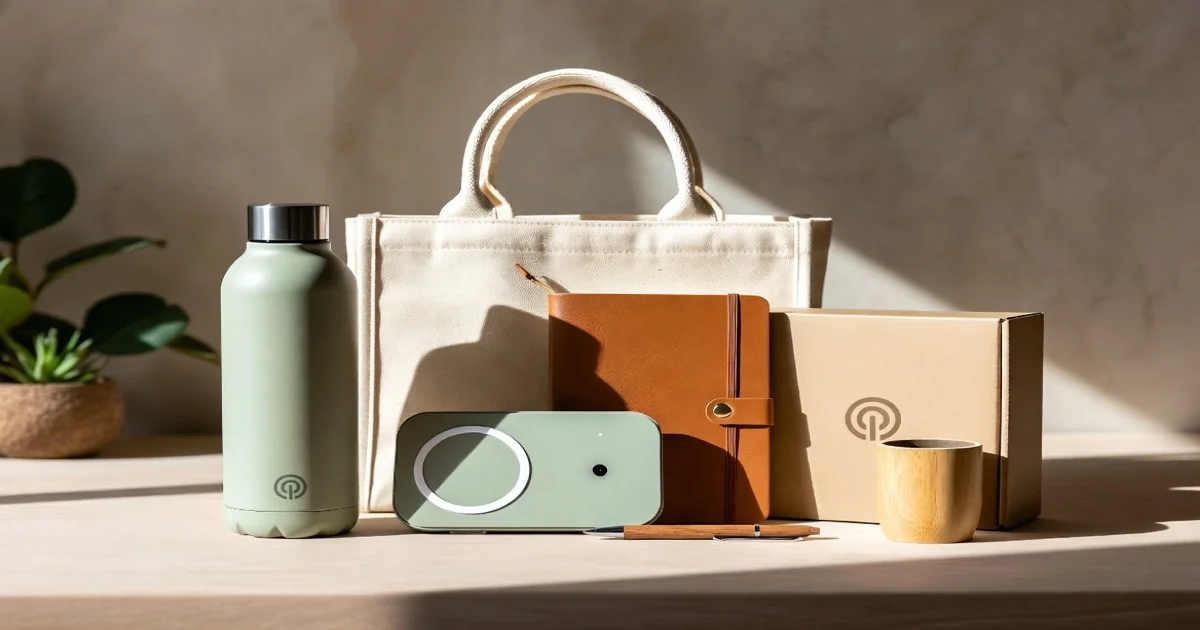 Goodies d'entreprise personnalisés disposés sur un bureau marketing
