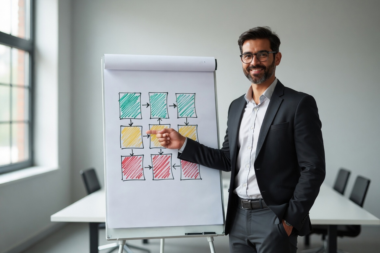 Consultant analysant un portefeuille d'activités avec la matrice McKinsey sur tableau blanc