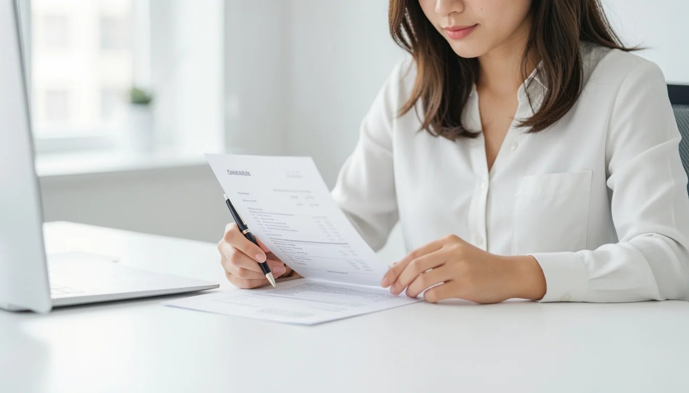 Calculatrice posée sur une facture avec la formule TTC divisé par 1,20 pour obtenir le prix hors taxe