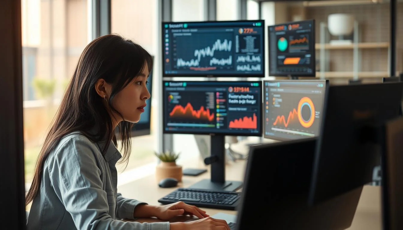 Consultante en cybersécurité analysant des données sur plusieurs écrans dans un bureau moderne