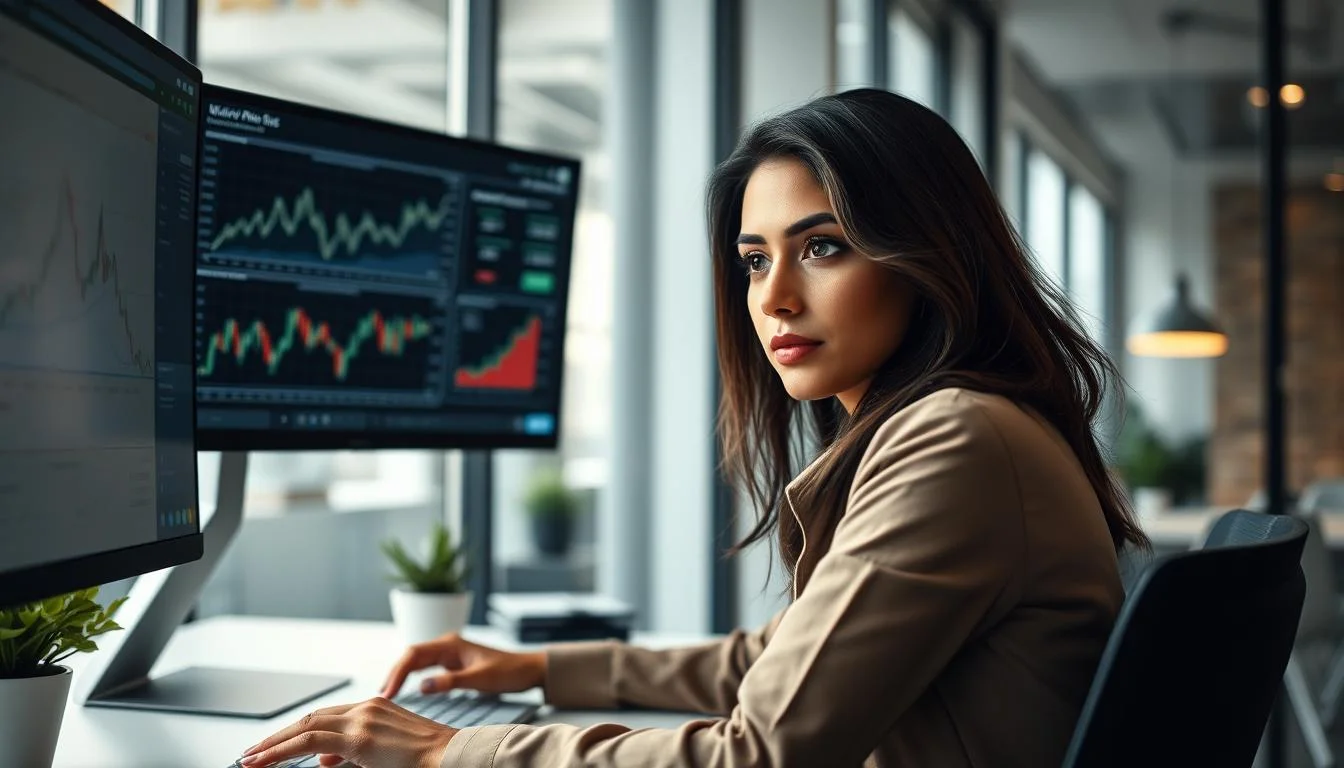 Analyse de crypto-monnaies prometteuses sur plusieurs écrans dans un bureau moderne
