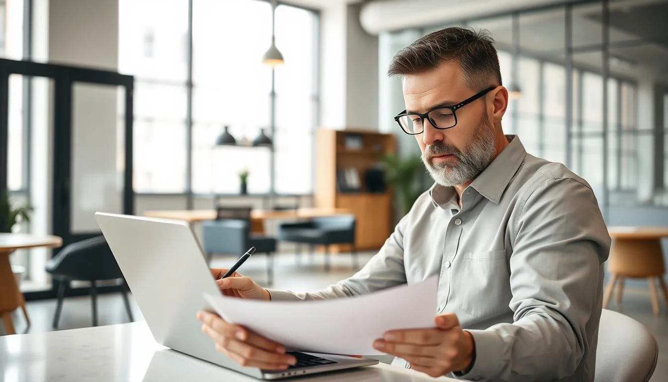 Professionnel en déplacement consultant sa facture d'hôtel dans un bureau moderne