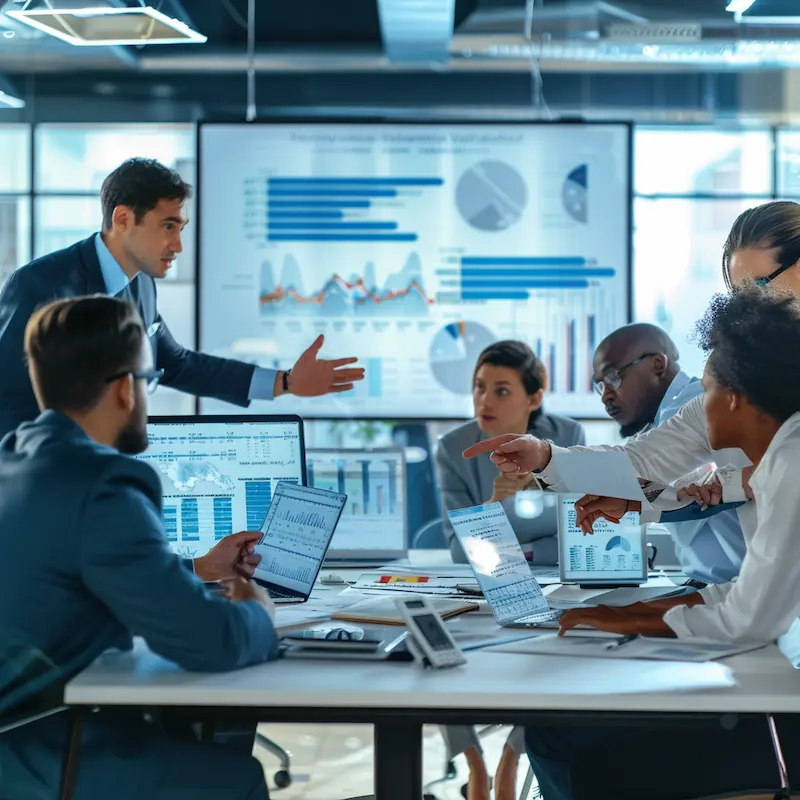 des gens dans un bureau discutant affaire et calculant leur chiffre d'affaires (CA)