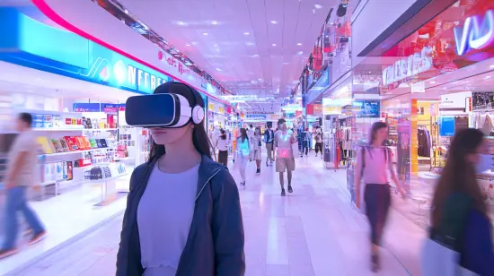 femme se promenant dans un retail futuriste